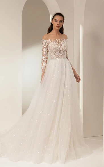 Faritytale Off-the-shoulder A-line Ball Gown Tulle Beaded Long Sleeve Wedding Dress with Applique Top