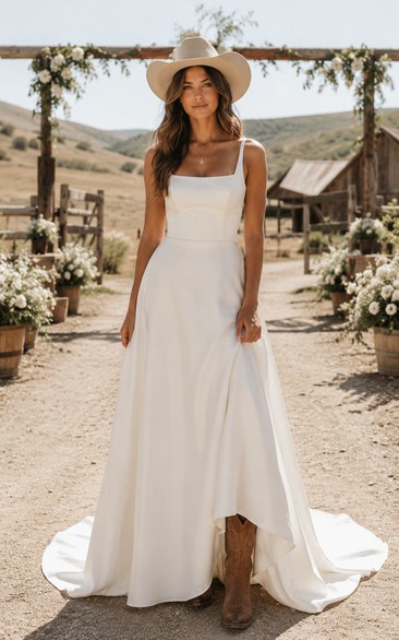 Simple Satin A-Line Country Wedding Dress with Square Neckline and Chapel Train