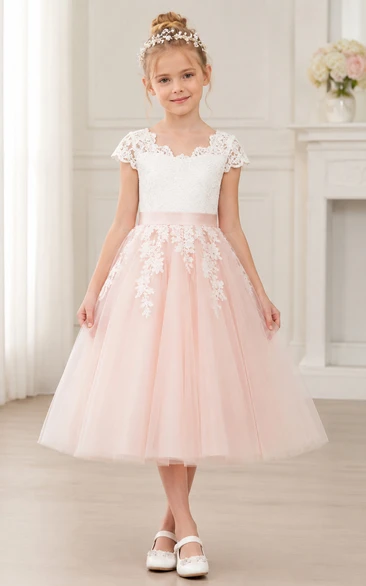 Blushing Pink Tea-Length A-Line Lace Flower Girl Dress with Appliques, Bow Sash