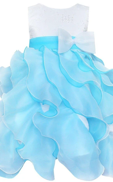 Sleeveless A-line Ruffled Dress With Bow and Appliques