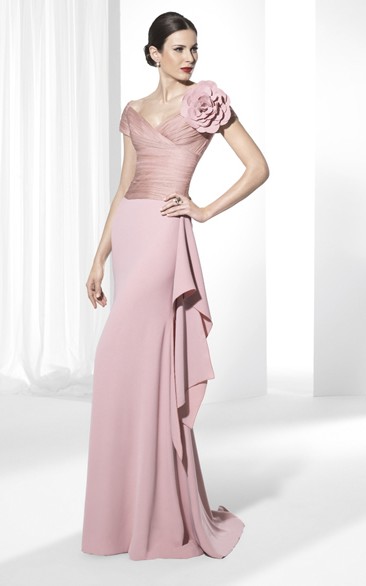 Sheath Ruched Short-Sleeve Floor-Length V-Neck Prom Dress With Flower And Draping