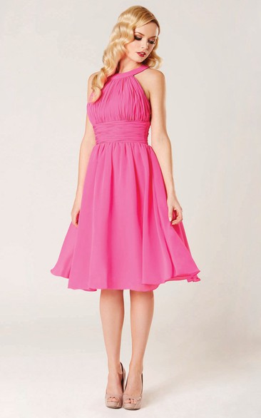 A-Line Sleeveless Scoop-Neck Ruched Midi Chiffon Bridesmaid Dress