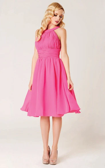A-Line Sleeveless Scoop-Neck Ruched Midi Chiffon Bridesmaid Dress