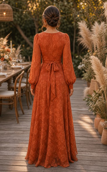 Orange Lace Long Sleeve Floor-Length Wrap Dress