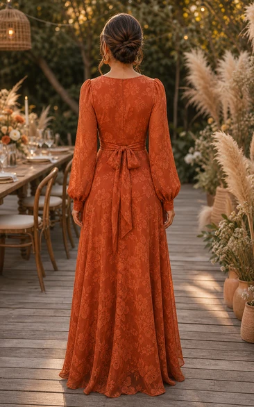 Orange Lace Long Sleeve Floor-Length Wrap Dress