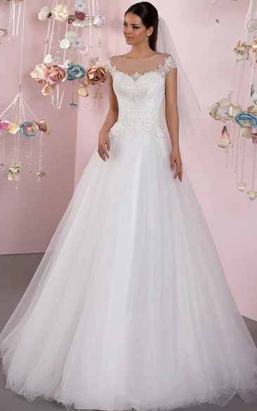 A-Line Cap Sleeve Appliqued Scoop Neck Tulle Wedding Dress