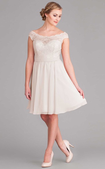 Off-The-Shoulder Midi Cap-Sleeve Lace Chiffon Wedding Dress