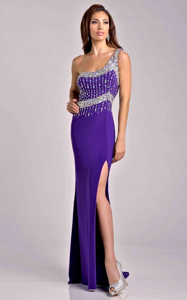 Jersey Sheath One-Shoulder Side Slit Prom Dress With Beadwork