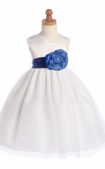 Tea-Length Tiered Floral Tulle&Satin Flower Girl Dress