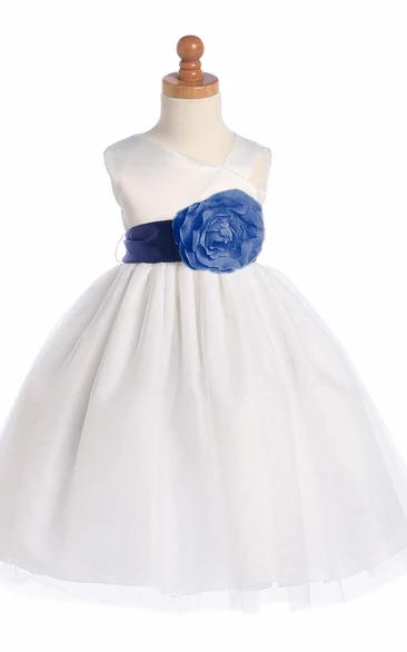 Tea-Length Tiered Floral Tulle&Satin Flower Girl Dress