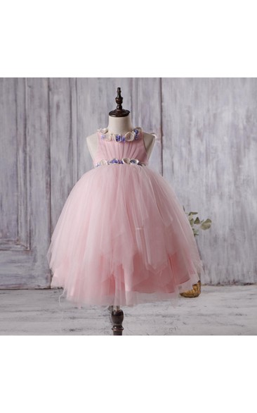 High Neck Sleeveless Empire Layered Tulle Ball Gown With Flowers