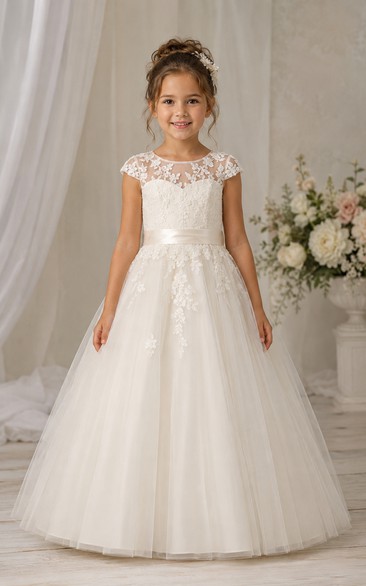 A-Line Cap Sleeve Lace Illusion Tulle Flower Girl Dress with Bow