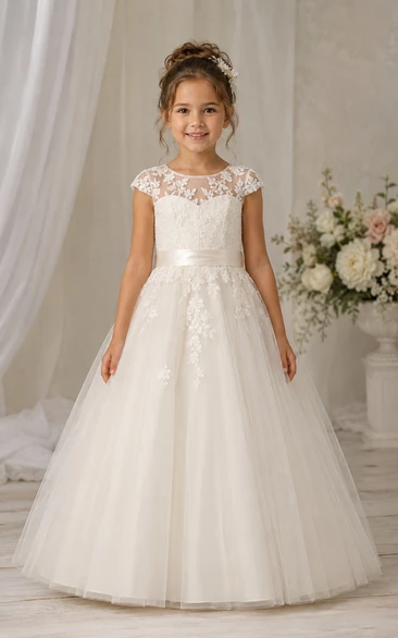A-Line Cap Sleeve Lace Illusion Tulle Flower Girl Dress with Bow