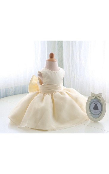 Scoop Neck Sleeveless Empire Pleated Organza Short Dress With Back Bow