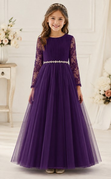 A-line Floor Length Long Sleeve Illusion Tulle Lace Flower Girl Dress with Deep purple long lace sleeves with full tulle skirt