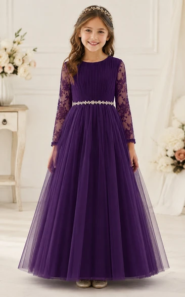 A-line Floor Length Long Sleeve Illusion Tulle Lace Flower Girl Dress with Deep purple long lace sleeves with full tulle skirt