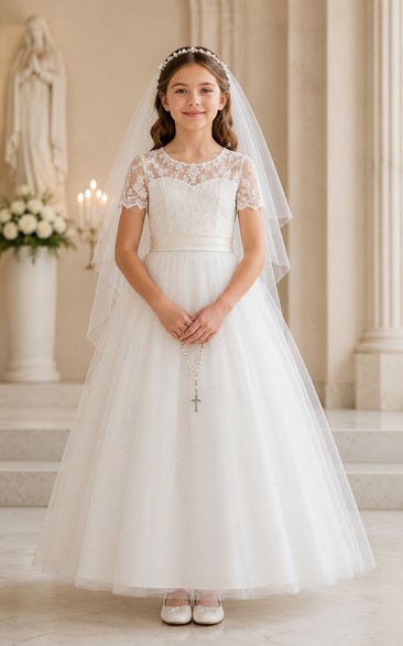 Cap Sleeve Lace Illusion White Tulle First Communion Dress with Veil