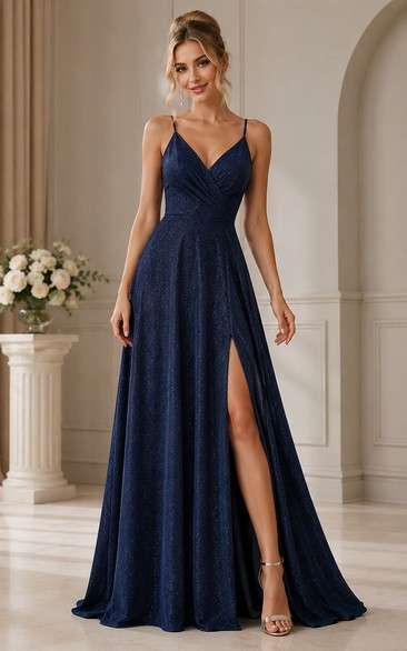 Tulle Prom Dress in Dark Navy, Spaghetti Strap, V-neck A-Line Floor-Length Gown with Sequins