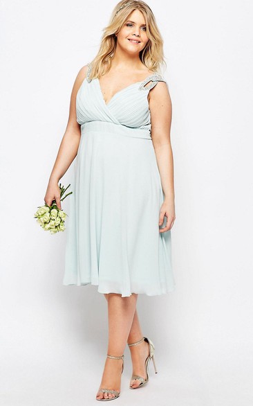 A-Line V-Neck Ruched Sleeveless Knee-Length Chiffon Bridesmaid Dress With Beading And Pleats