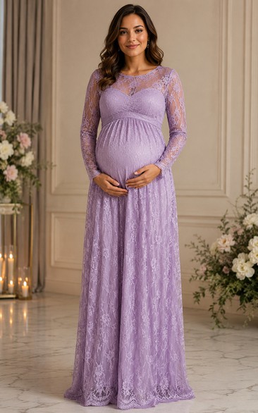 Lace Maternity Formal Dress in Lavender, Jewel A-Line Floor-Length Gown with Lace