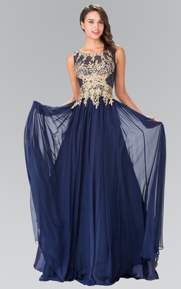 A-Line Maxi Bateau Sleeveless Chiffon Illusion Dress With Appliques And Pleats