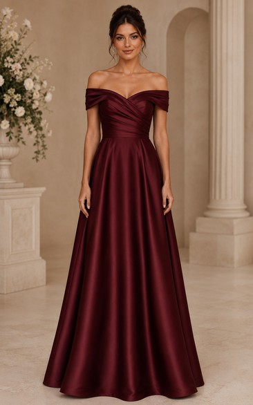 Burgundy Off-the-shoulder Satin A-Line Bridesmaid Dress