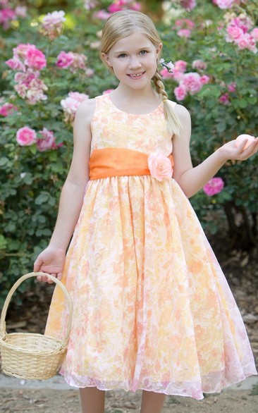 Tea-Length Floral Floral Organza Flower Girl Dress