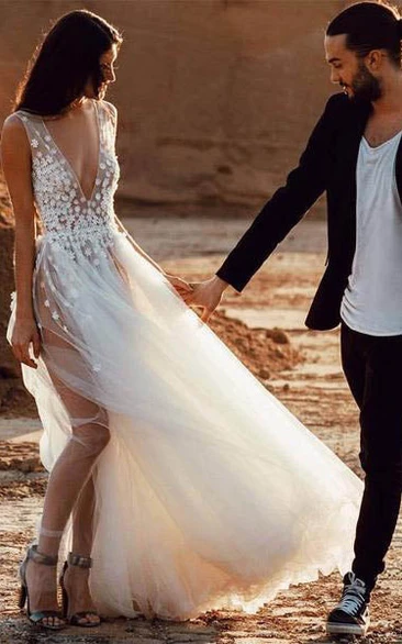 Flowy Tulle Plunged Sexy Beach Ethereal Wedding Dress