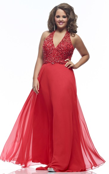 A-line Floor-length V-neck Sleeveless Jersey Crystal Detailing Pleats Backless Dress