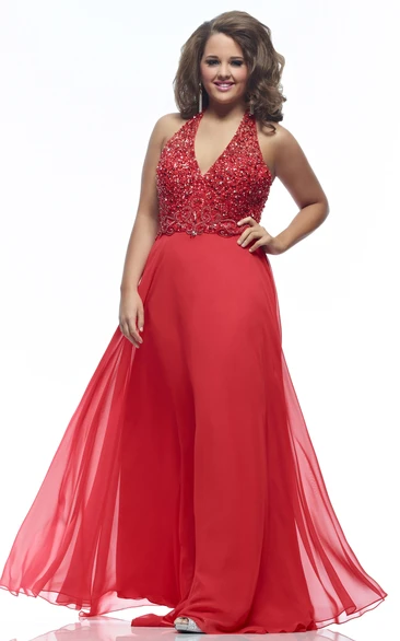 A-line Floor-length V-neck Sleeveless Jersey Crystal Detailing Pleats Backless Dress