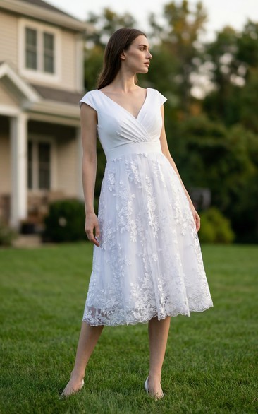 Plus Size Tea-Length Chiffon Gown with Low-V Back