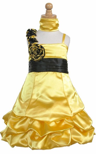 Knee-Length Cape Floral Ruched Satin Flower Girl Dress With Sash