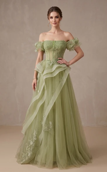 Mint Green Asymmetrical Tulle Gown with Embroidery
