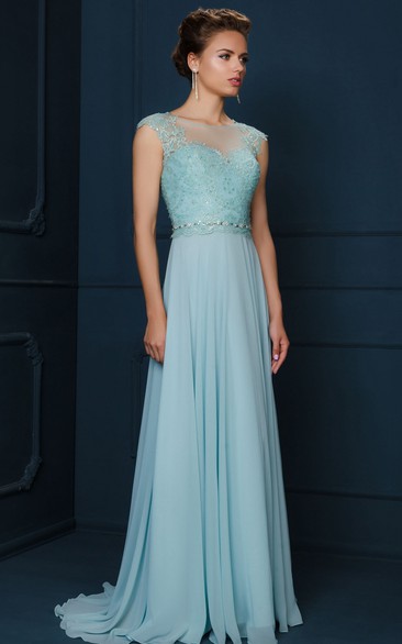 A-Line Jewel-Neck Cap-Sleeve Appliqued Maxi Chiffon&Lace Evening Dress With Beading And Pleats