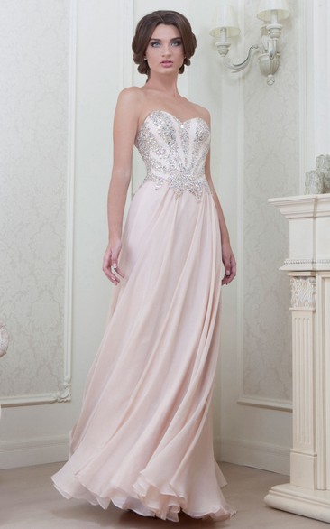 Sheath Sweetheart Beaded Floor-Length Sleeveless Chiffon Evening Dress With Pleats