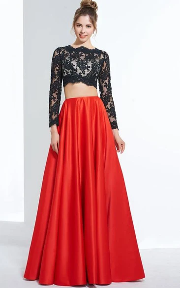 Two Pieces Long Sleeves A-Line Scalloped-Edge Floor-Length Prom Dress