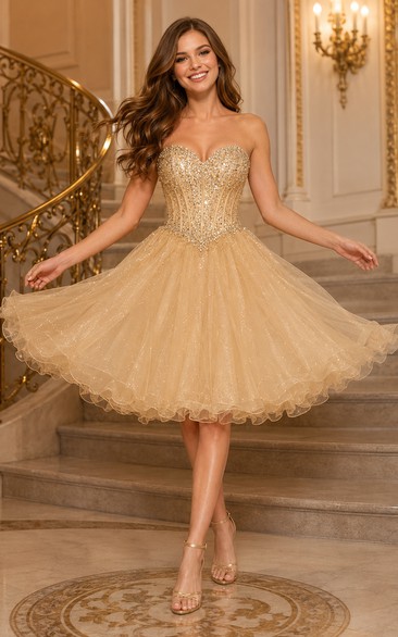 Champagne Strapless Short Tulle Dress with Dense Beaded Bodice