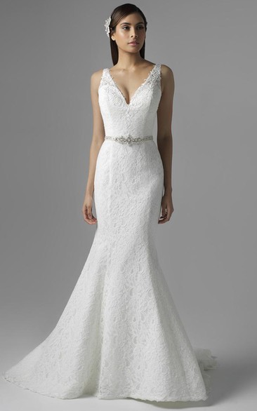 Trumpet Sleeveless V-Neck Long Appliqued Lace Wedding Dress With Waist Jewellery And Deep-V Back