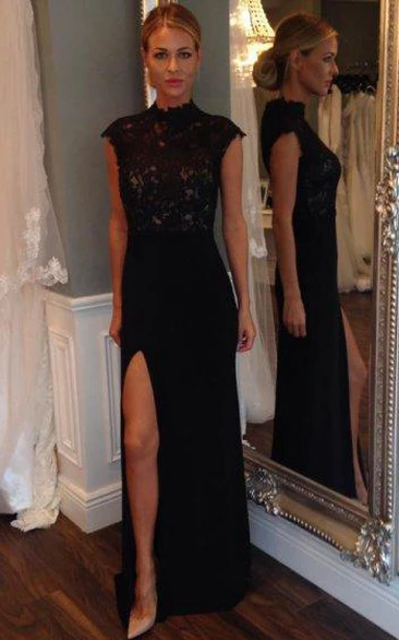 Cap-sleeved Long Lace Gown with Side Slit
