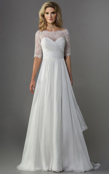 Half-Sleeved A-Line Chiffon Wedding Dress With Illusion Lace Detail