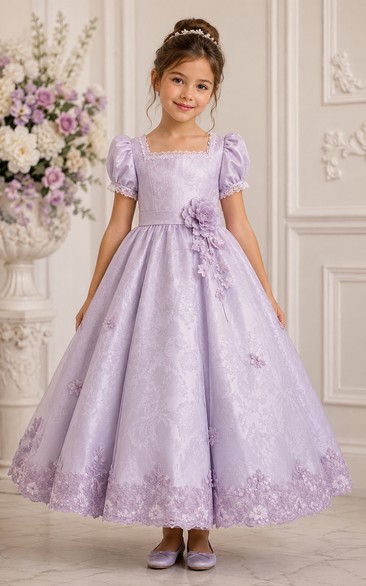 Princess Ball Gown Floor Length Puff Sleeve Tulle Lace Flower Girl Dress with Lavender puff sleeves and lace-trimmed ball skirt