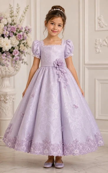 Princess Ball Gown Floor Length Puff Sleeve Tulle Lace Flower Girl Dress with Lavender puff sleeves and lace-trimmed ball skirt