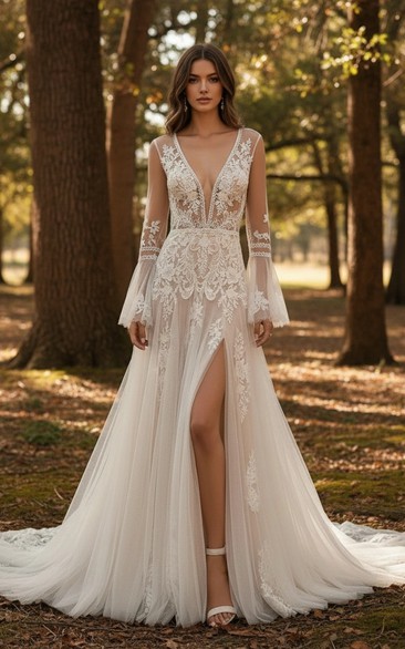 Boho-Glam Wedding Dress with Long Bell Sleeves, Plunge Neck & High Leg Slit