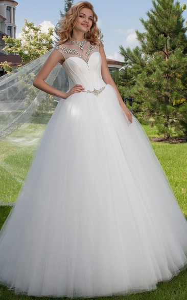 High Neck Maxi Beaded Tulle Wedding Dress With Court Train And Corset Back