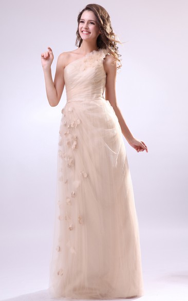 One-Shoulder Chiffon Pleated Dress With Flower and Tulle Overlay