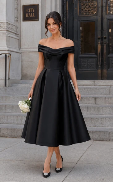 Black Off-the-shoulder Satin Tea-length Dress