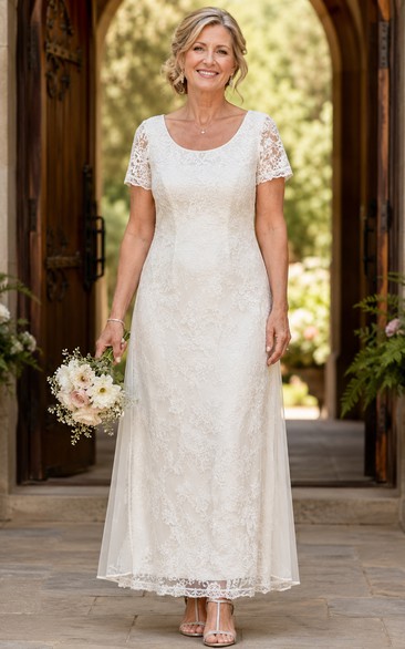 Ankle Length Lace Sheath Older Brides Wedding Dress with Short Sleeves