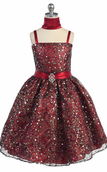 Tea-Length Cape Beaded Tiered Sequins&Satin Flower Girl Dress With Ribbon