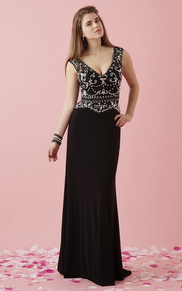 Sheath Long V-Neck Sleeveless Jersey Low-V Back Dress With Beading