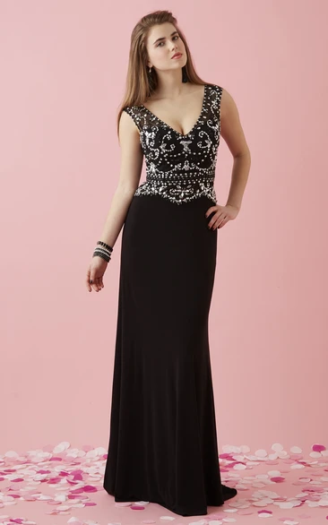 Sheath Long V-Neck Sleeveless Jersey Low-V Back Dress With Beading